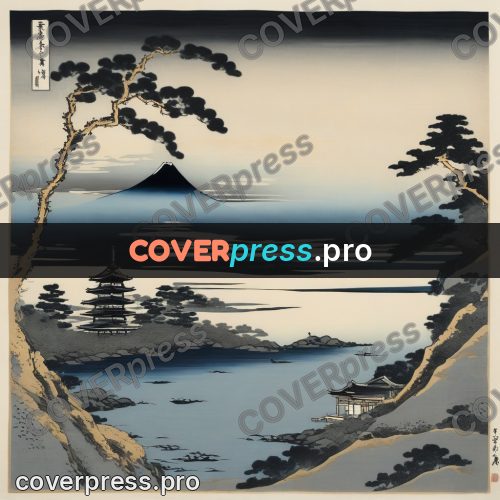 Japanese woodblock print: building by the water among pines