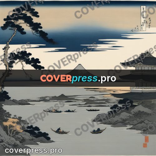 Japanese woodblock print: building by the water among pines