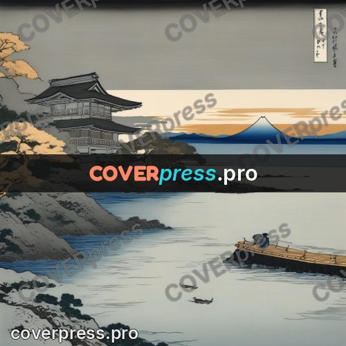 Japanese woodblock print: building by the water among pines
