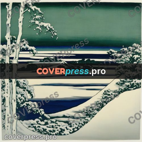 Japanese woodblock print: snowy pines on a slope