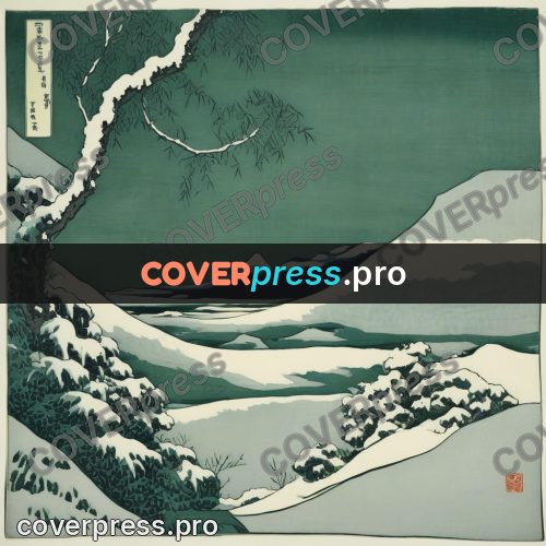 Japanese woodblock print: snowy pines on a slope