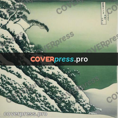 Japanese woodblock print: snowy pines on a slope