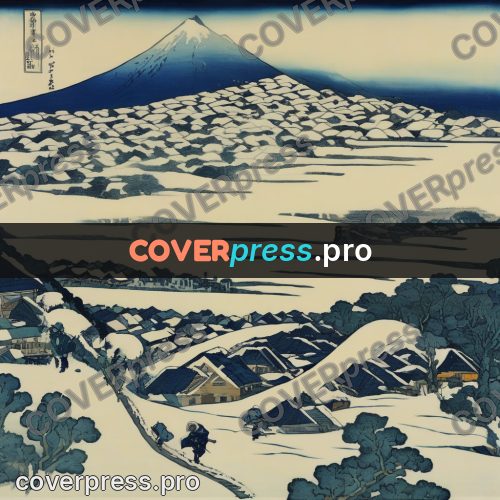 Japanese woodblock print: village in the snow