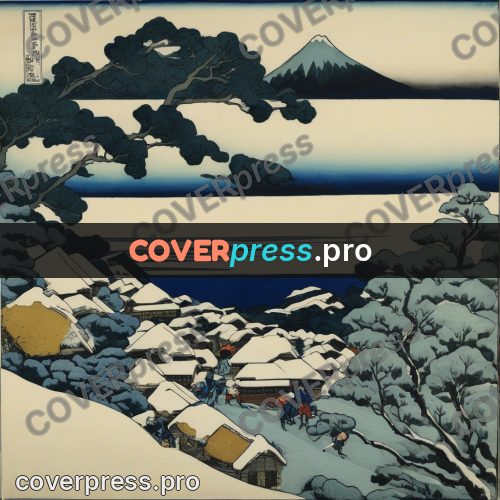 Japanese woodblock print: village in the snow