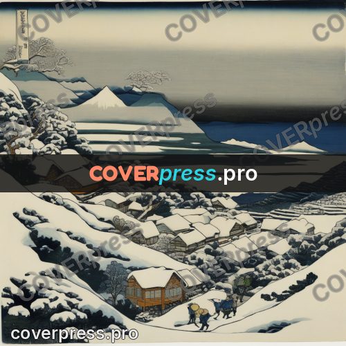 Japanese woodblock print: village in the snow