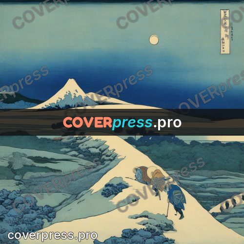Japanese woodblock print: travellers on a snowy road