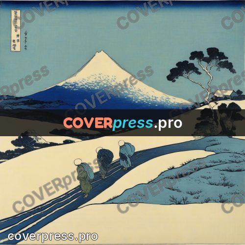 Japanese woodblock print: travellers on a snowy road