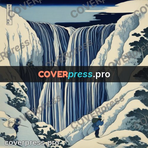 Japanese woodblock print: waterfall between snowy rocks