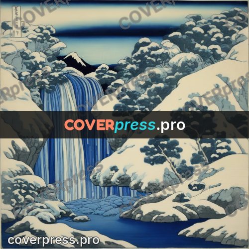 Japanese woodblock print: waterfall between snowy rocks