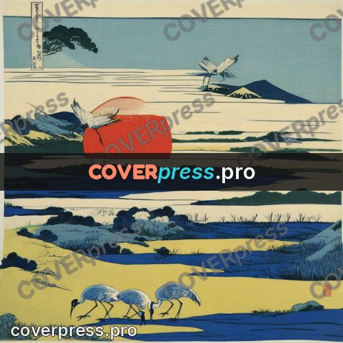 Japanese woodblock print: cranes above a snowy field