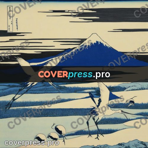Japanese woodblock print: cranes above a snowy field