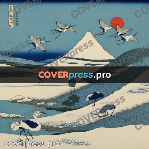 Japanese woodblock print: cranes above a snowy field