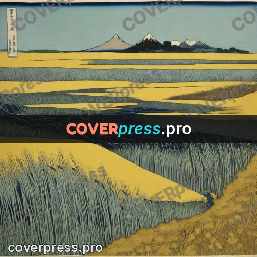 Japanese woodblock print: river through a yellow field
