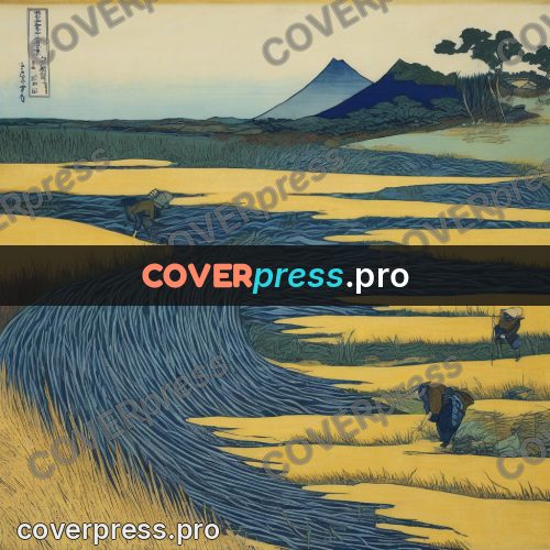 Japanese woodblock print: river through a yellow field