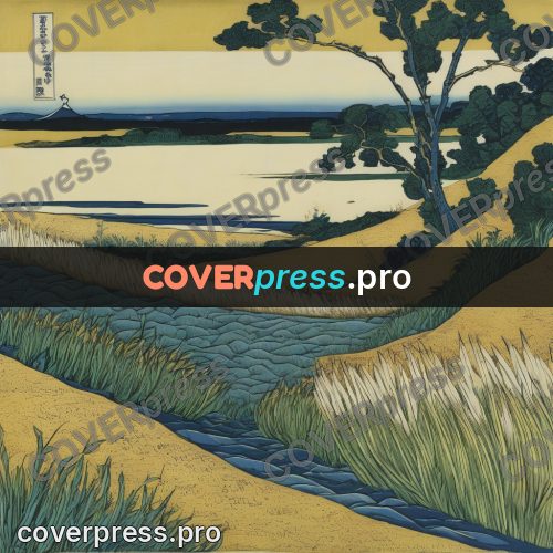 Japanese woodblock print: river through a yellow field