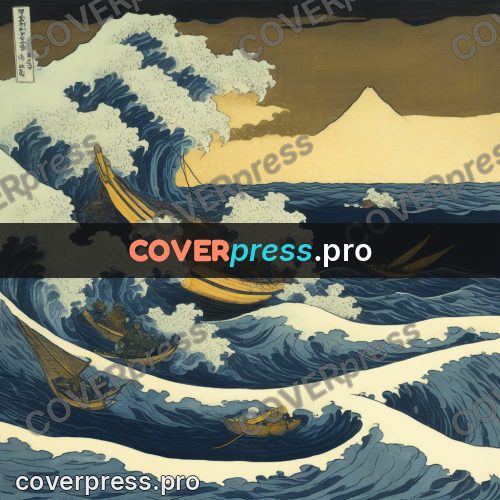 Japanese woodblock print: boat in high waves