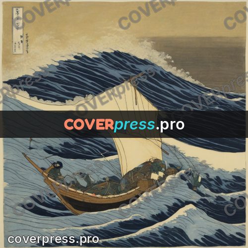 Japanese woodblock print: boat in high waves