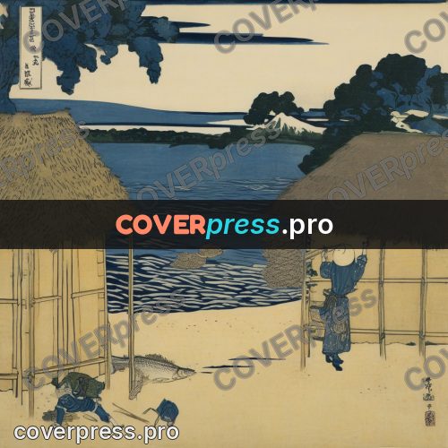 Japanese woodblock print: hut on the shore