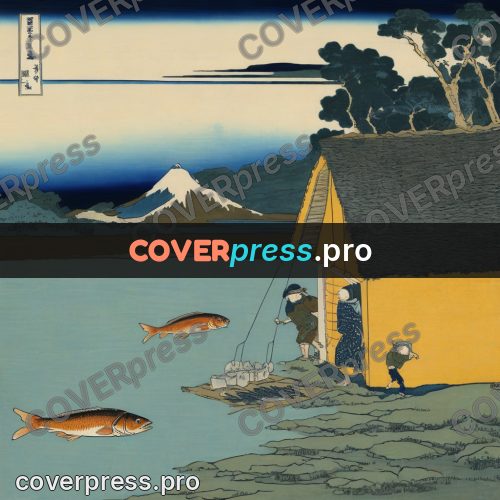 Japanese woodblock print: hut on the shore