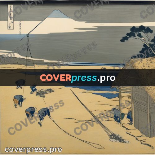 Japanese woodblock print: hut on the shore
