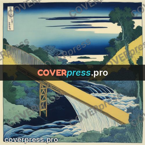 Japanese woodblock print: stream between green slopes