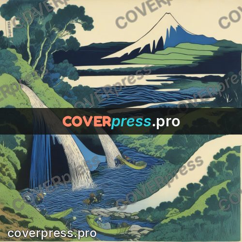 Japanese woodblock print: stream between green slopes
