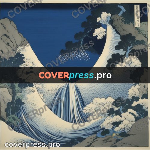 Japanese woodblock print: waterfall falling from a rock
