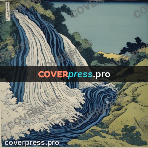 Japanese woodblock print: waterfall falling from a rock