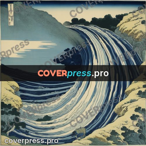 Japanese woodblock print: waterfall falling from a rock