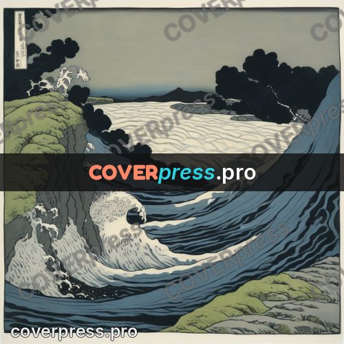 Japanese woodblock print: waves by a rocky shore