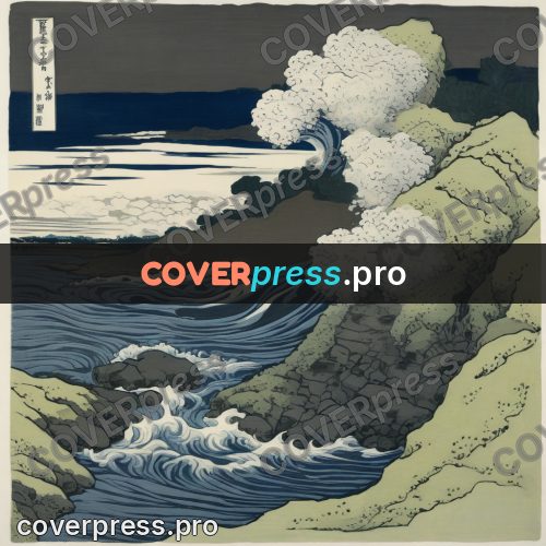 Japanese woodblock print: waves by a rocky shore