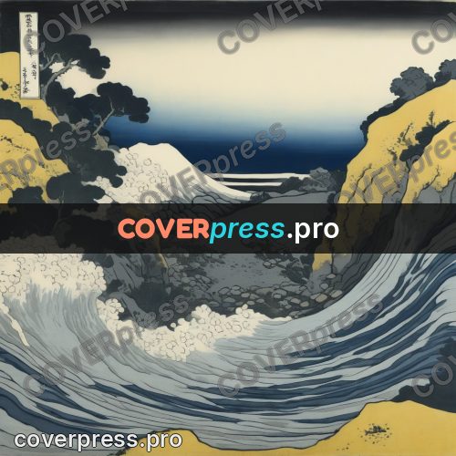Japanese woodblock print: waves by a rocky shore
