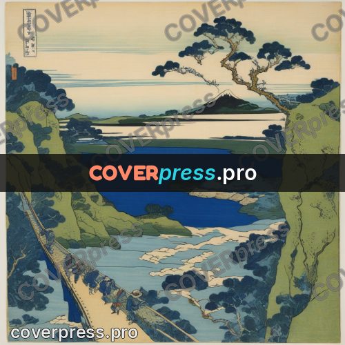 Japanese woodblock print: green slopes above a river
