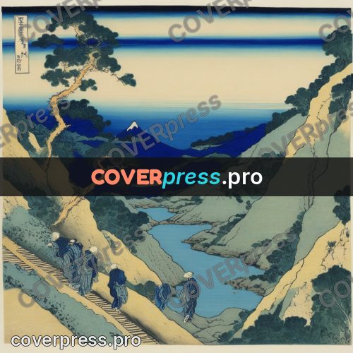 Japanese woodblock print: green slopes above a river