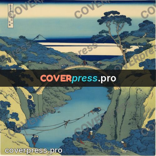Japanese woodblock print: green slopes above a river
