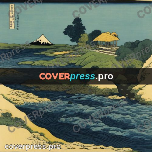 Japanese woodblock print: hut by a river