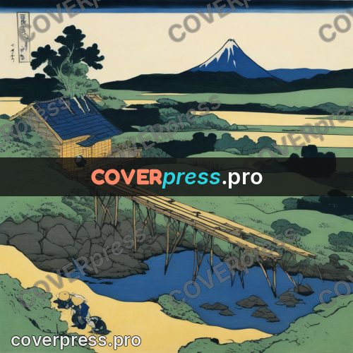 Japanese woodblock print: hut by a river