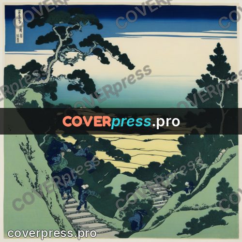 Japanese woodblock print: stone stairs among pines