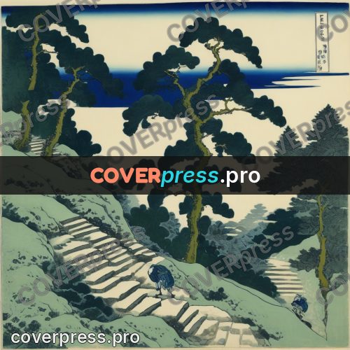 Japanese woodblock print: stone stairs among pines