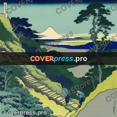 Japanese woodblock print: stone stairs among pines