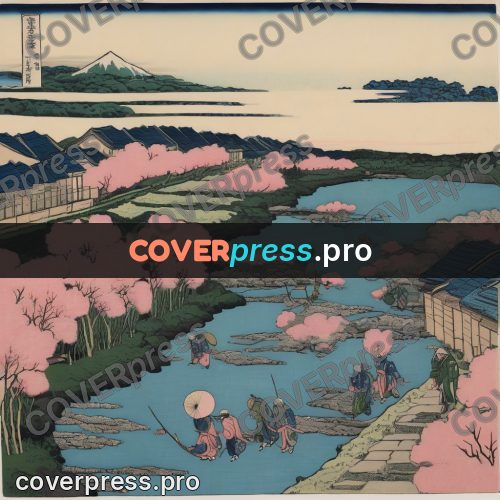 Japanese woodblock print: river among blossoming trees