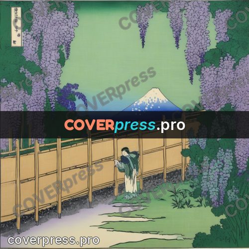 Japanese woodblock print: wisteria above a wooden fence
