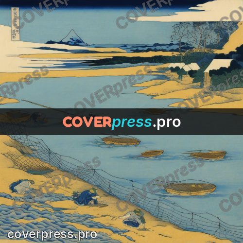 Japanese woodblock print: nets in shallow water