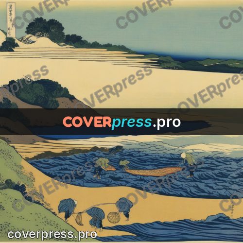 Japanese woodblock print: fishermen with nets in a river