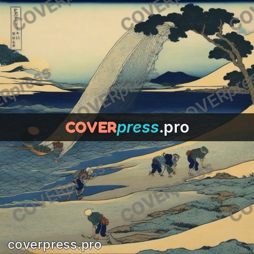 Japanese woodblock print: fishermen with nets in a river