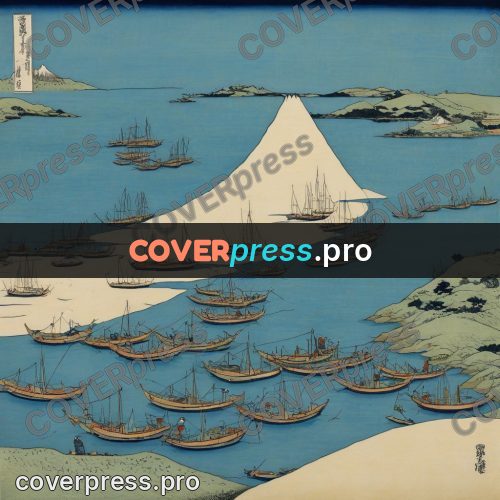 Japanese woodblock print: boats in a bay