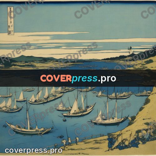 Japanese woodblock print: boats in a bay