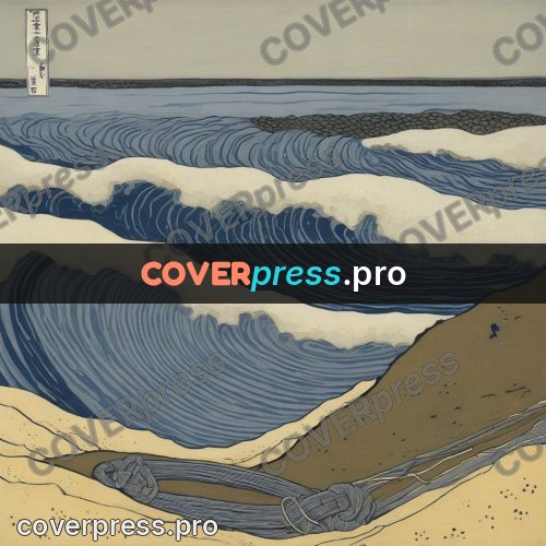 Japanese woodblock print: waves on a sandy shore