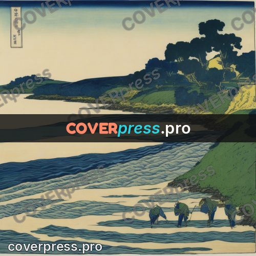 Japanese woodblock print: people walking along the shore