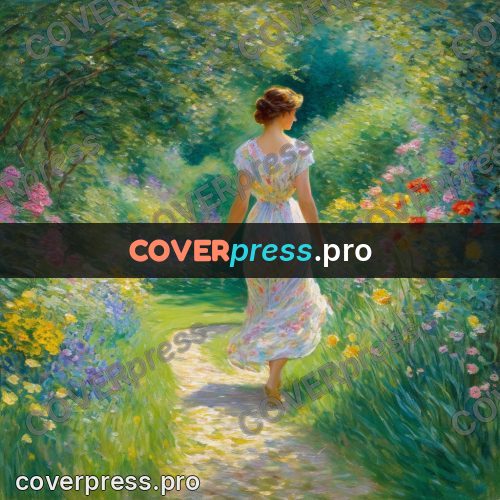 Impressionist illustration: woman on a garden path